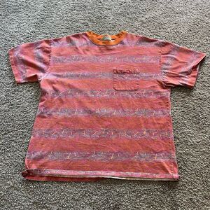 Vintage 90s Surf Style T Shirt All Over Print Stripe Made in USA Sz XL Orange